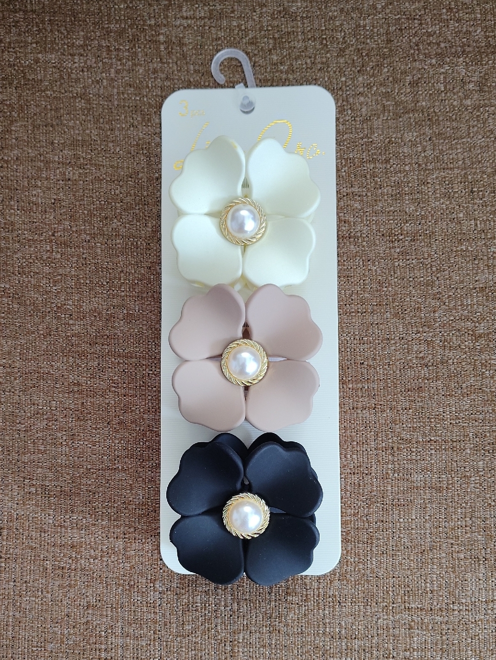 Floral Pearl Center Hair Clips - Ivory, Blush, Black (Set of 3)